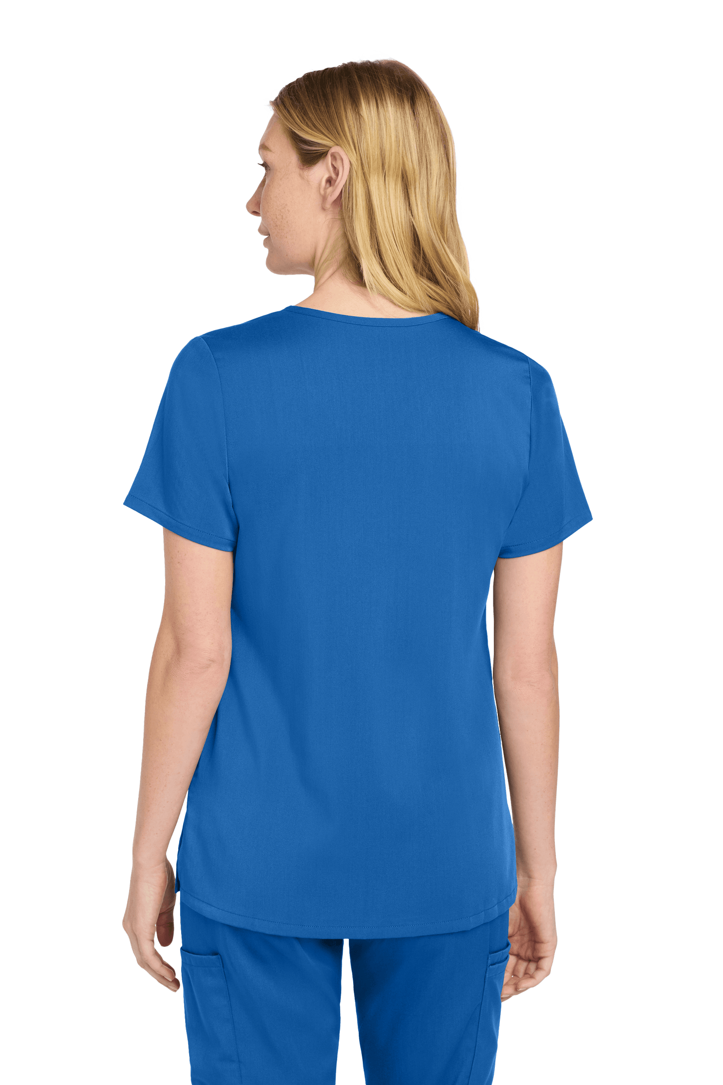 Women’s Wink Premiere Flex V-neck scrubs in royal blue, showing the printed front and back view with a comfortable fit.
