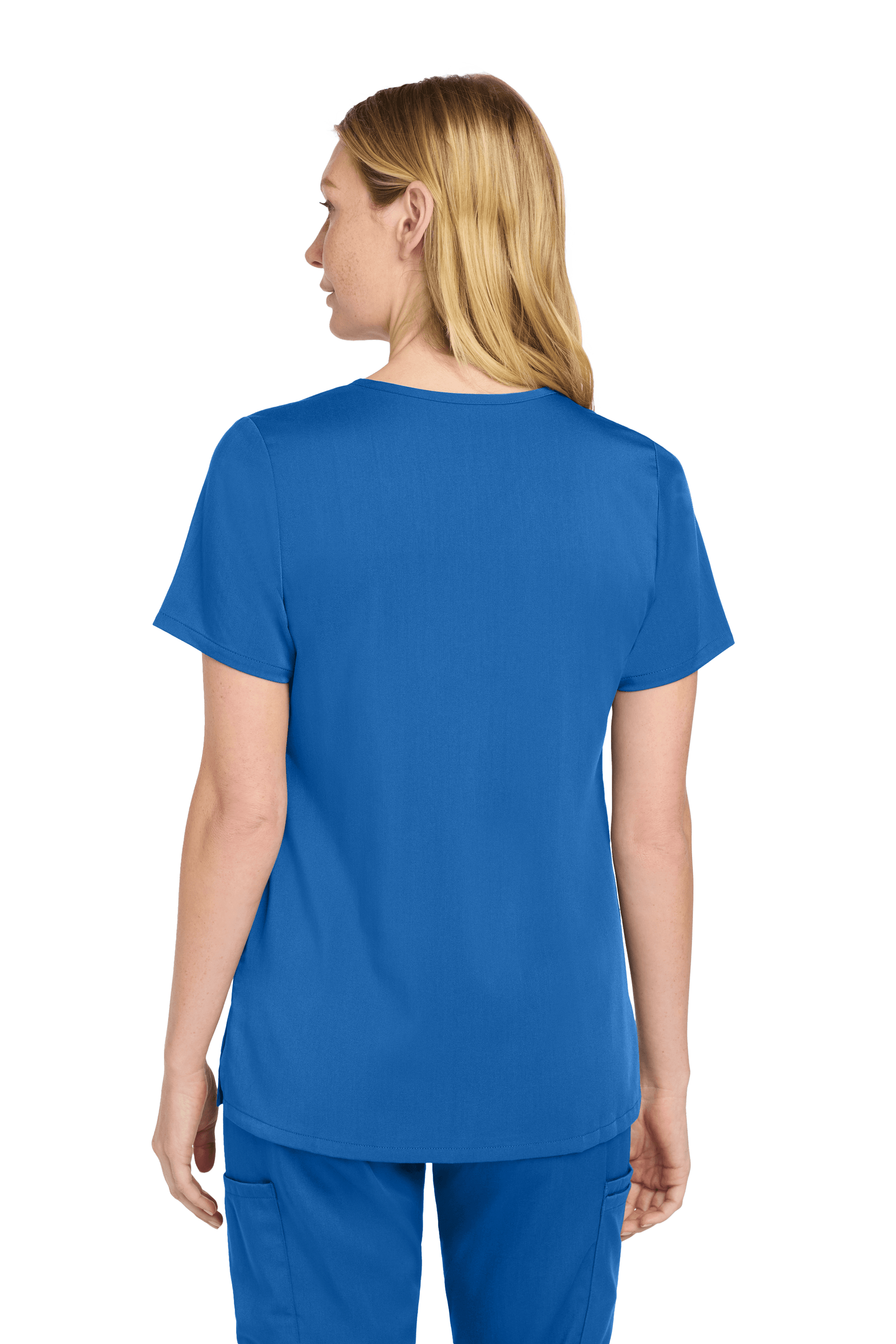Women’s Wink Premiere Flex V-neck scrubs in royal blue, showing the printed front and back view with a comfortable fit.