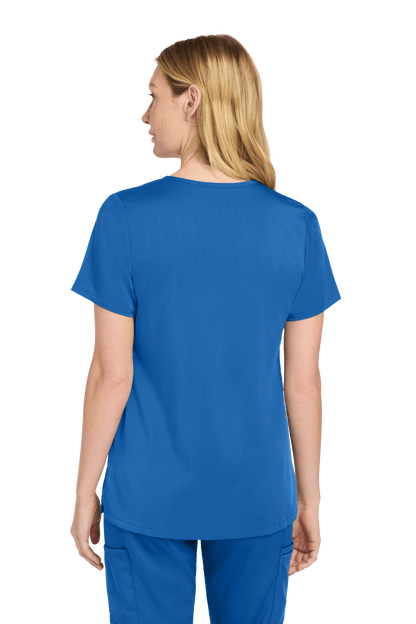 Women’s Wink Premiere Flex V-neck scrubs in royal blue, showing the printed front and back view with a comfortable fit.