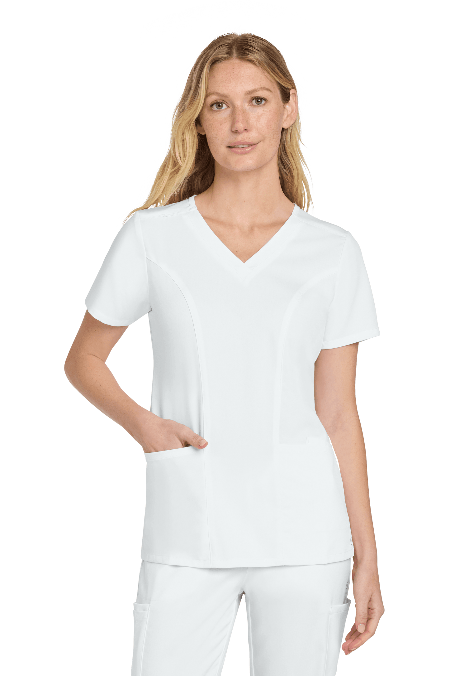 Women’s Wink Premiere Flex V-Neck Scrubs in white, front view showing the comfortable fit and V-neck design.