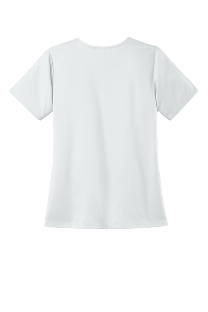 Women’s Wink Premiere Flex V-Neck Scrubs with print detail, white back view showing comfortable fit and fabric texture.