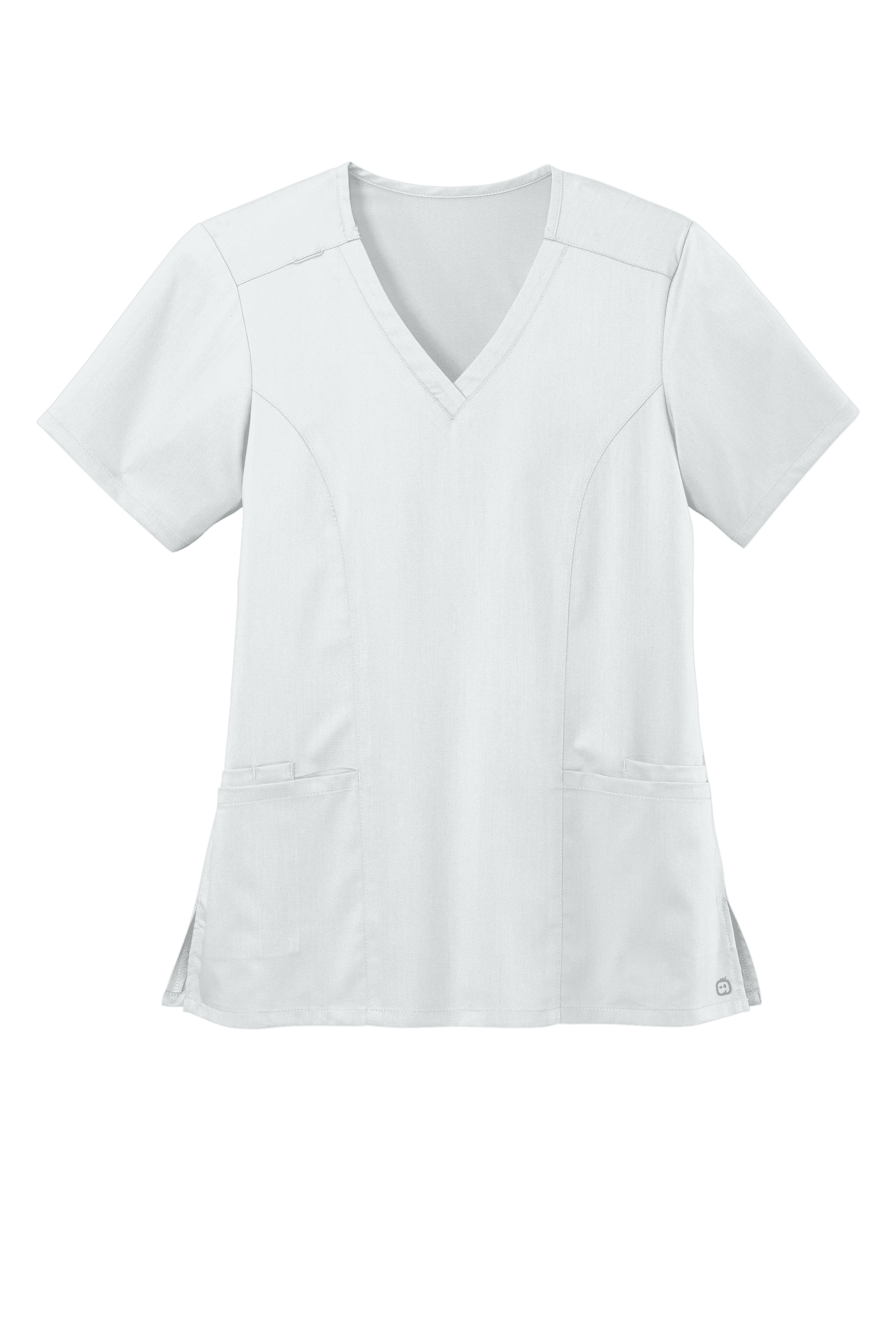 Women’s Wink Premiere Flex V-Neck Scrubs in white, featuring a professional medical print and comfortable fit.