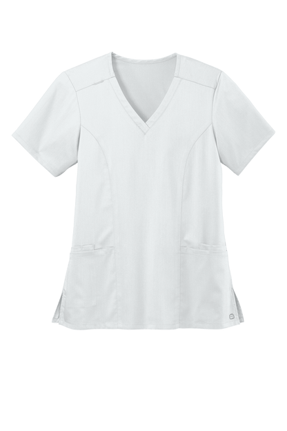Women’s Wink Premiere Flex V-Neck Scrubs in white, featuring a professional medical print and comfortable fit.