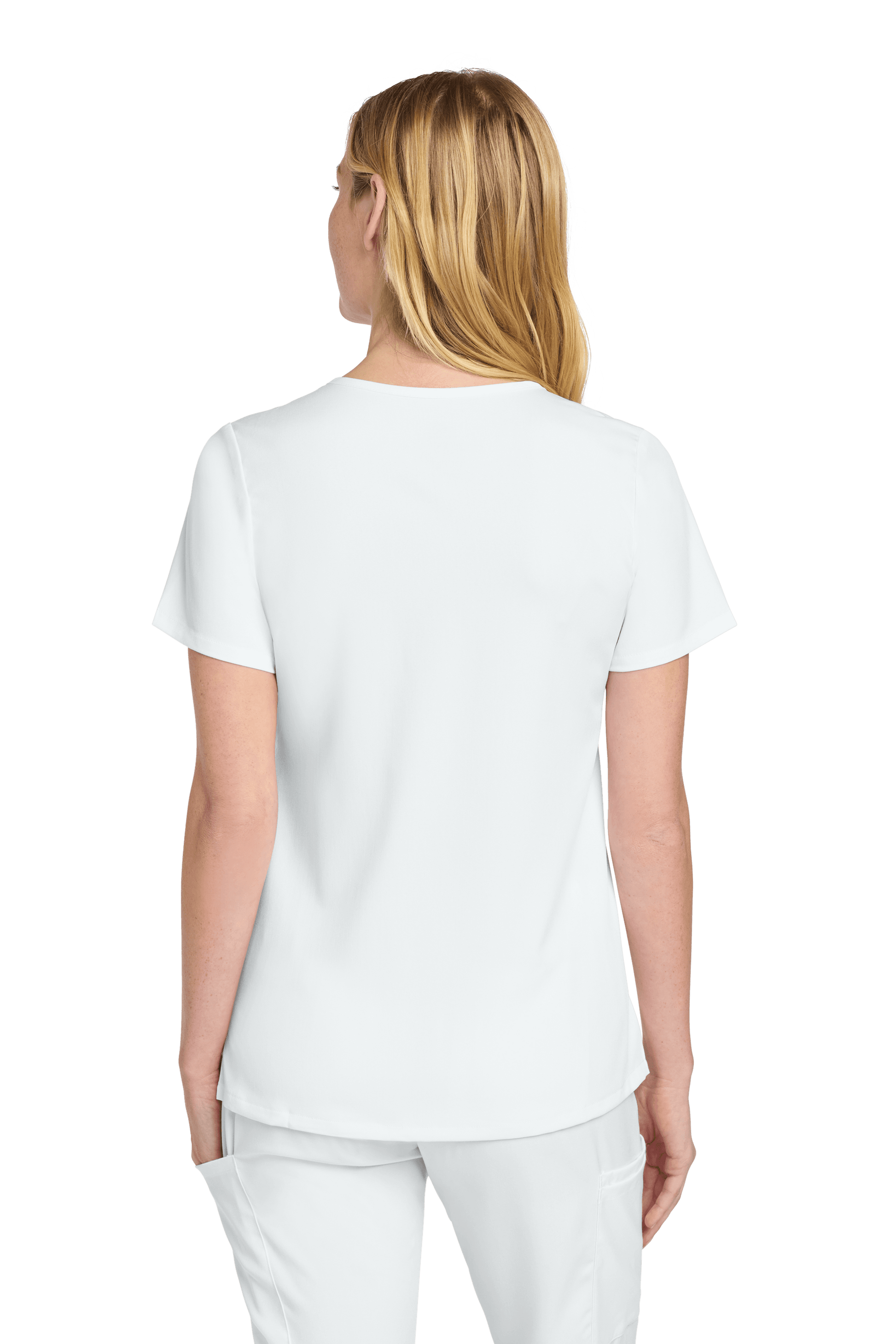 Women’s Wink Premiere Flex V-Neck Scrubs in white, showing the back view with a fitted design and subtle print detail.