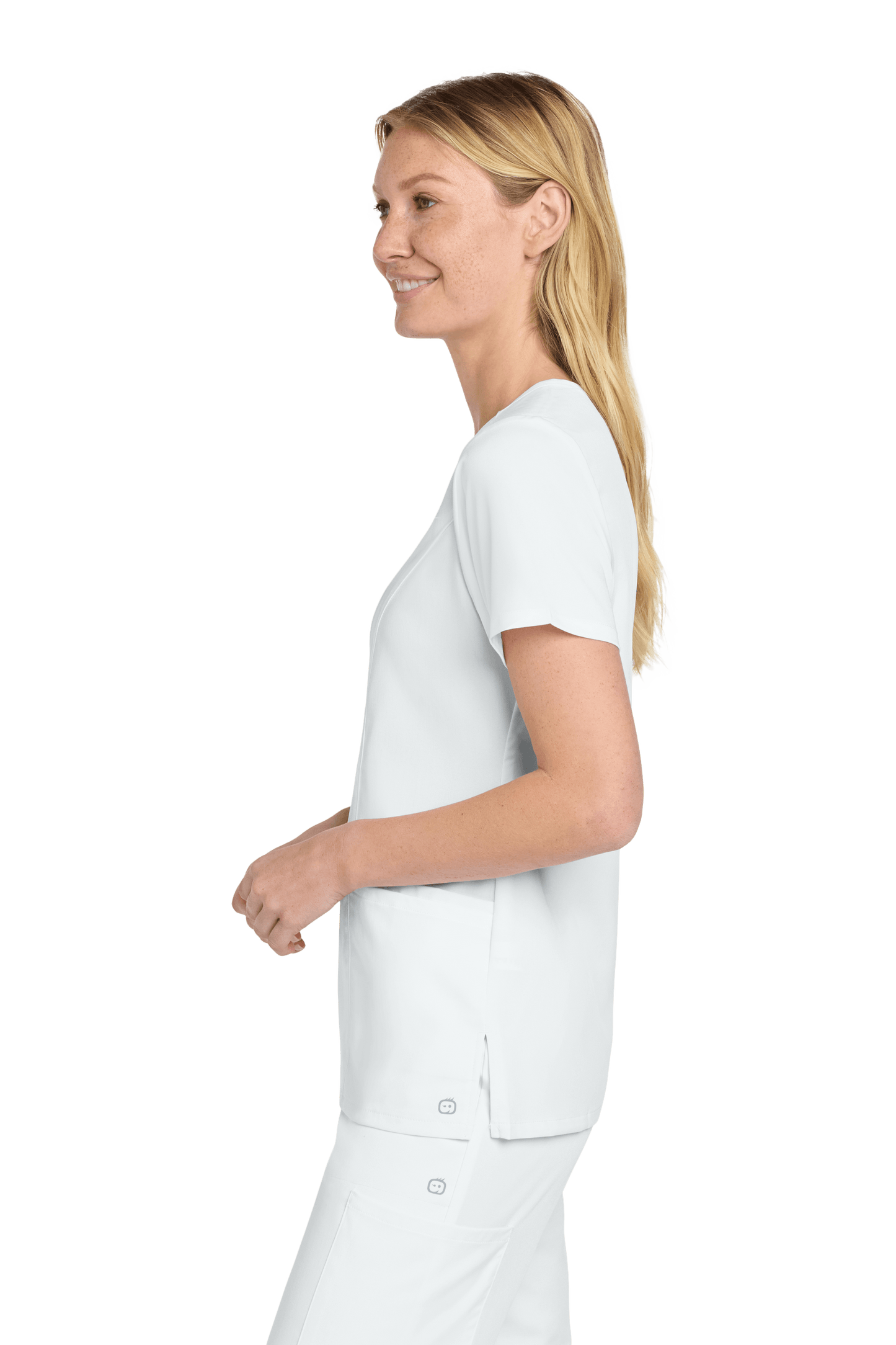 Women’s Wink Premiere Flex V-Neck Scrubs in white, side view showing soft fabric and comfortable fit.