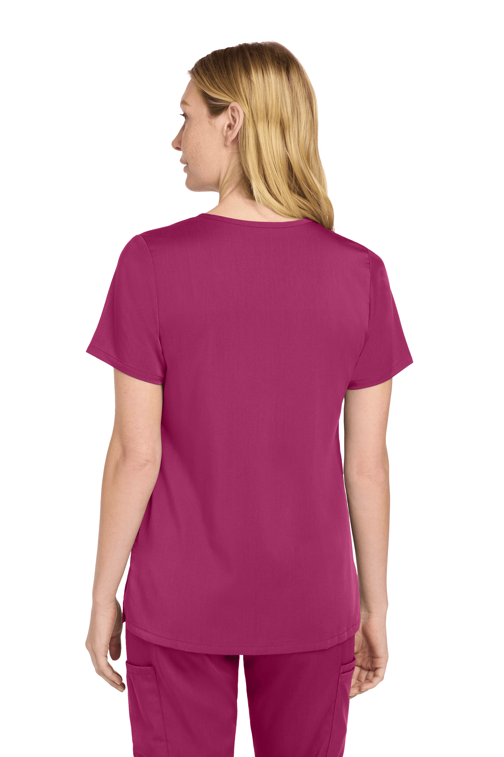 Wink Women’s Premiere Flex V-Neck Scrubs in wine, showing back view with printed design and flexible fabric for comfort.