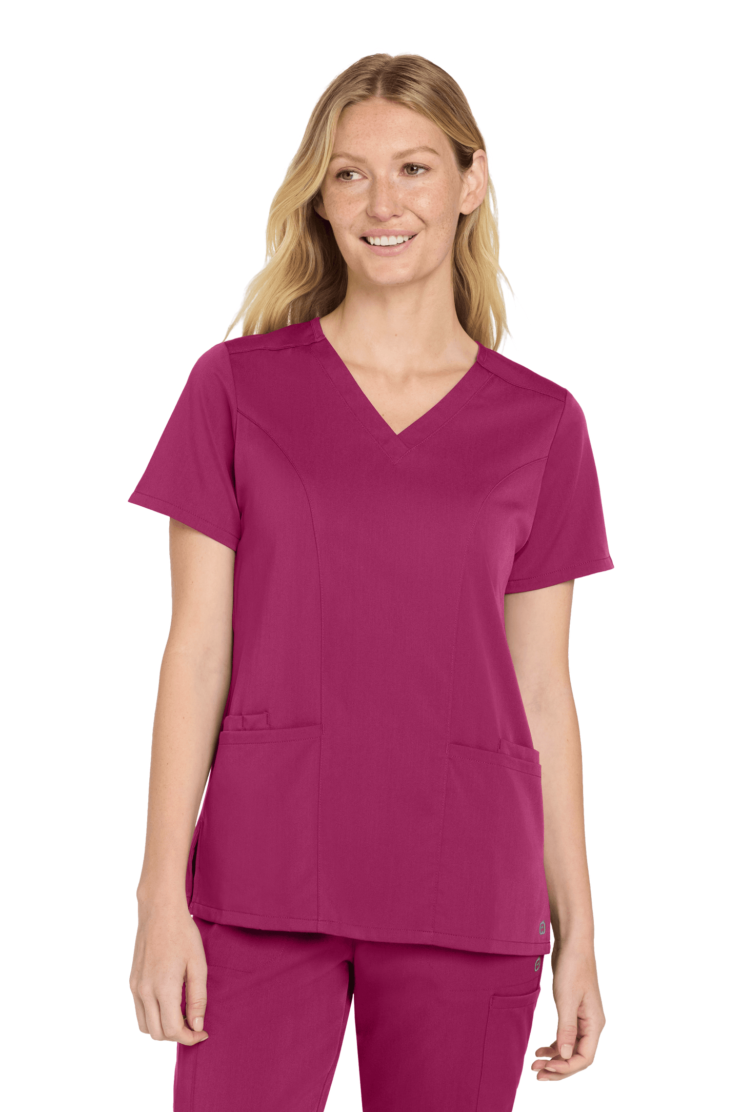 Wink Women’s Premiere Flex V-Neck Scrubs in wine color, front view showing comfortable fit and stylish print detail.
