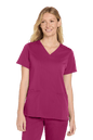 Wink Women’s Premiere Flex V-Neck Scrubs in wine color, front view showing comfortable fit and stylish print detail.