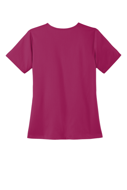 Women’s Wink Premiere Flex V-Neck Scrubs with wine-colored back print, showcasing comfortable, stylish medical scrubs for women.