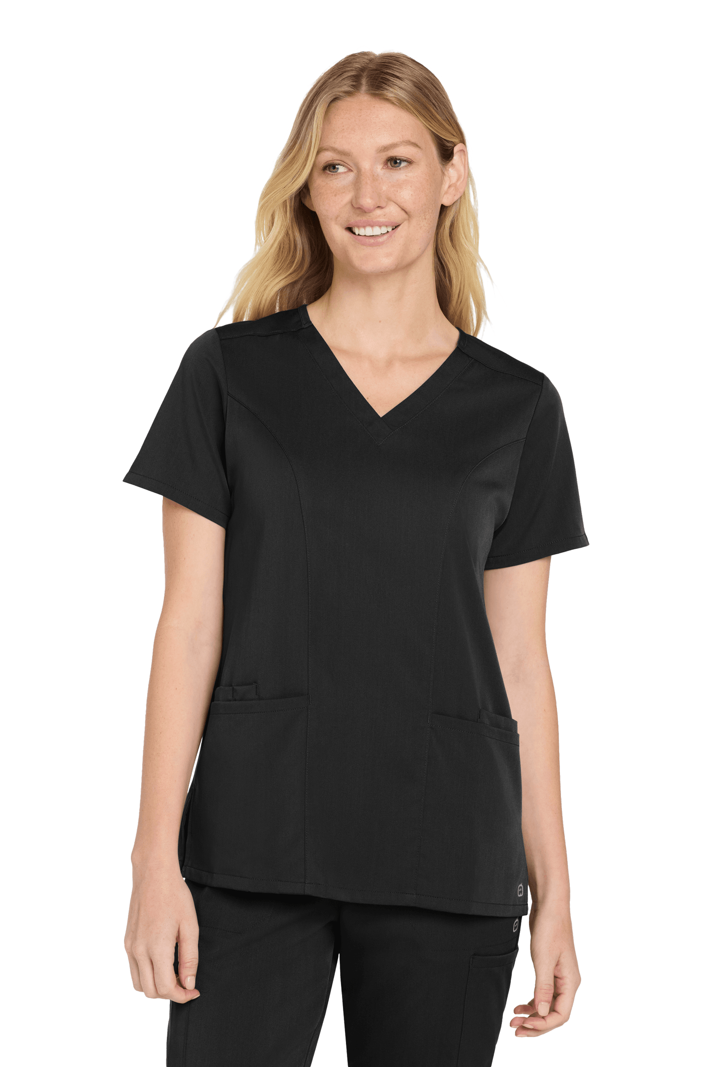 Women’s Wink Premiere Flex V-Neck Scrubs in black with print, front view showing comfortable fit and stylish design.