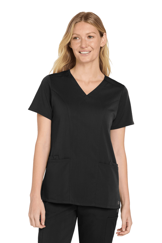 Women’s Wink Premiere Flex V-Neck scrub top in black with print, front view showing comfortable fit and V-neck design.