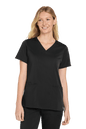 Women’s Wink Premiere Flex V-Neck Scrubs in black with print, front view showing comfortable fit and stylish design.