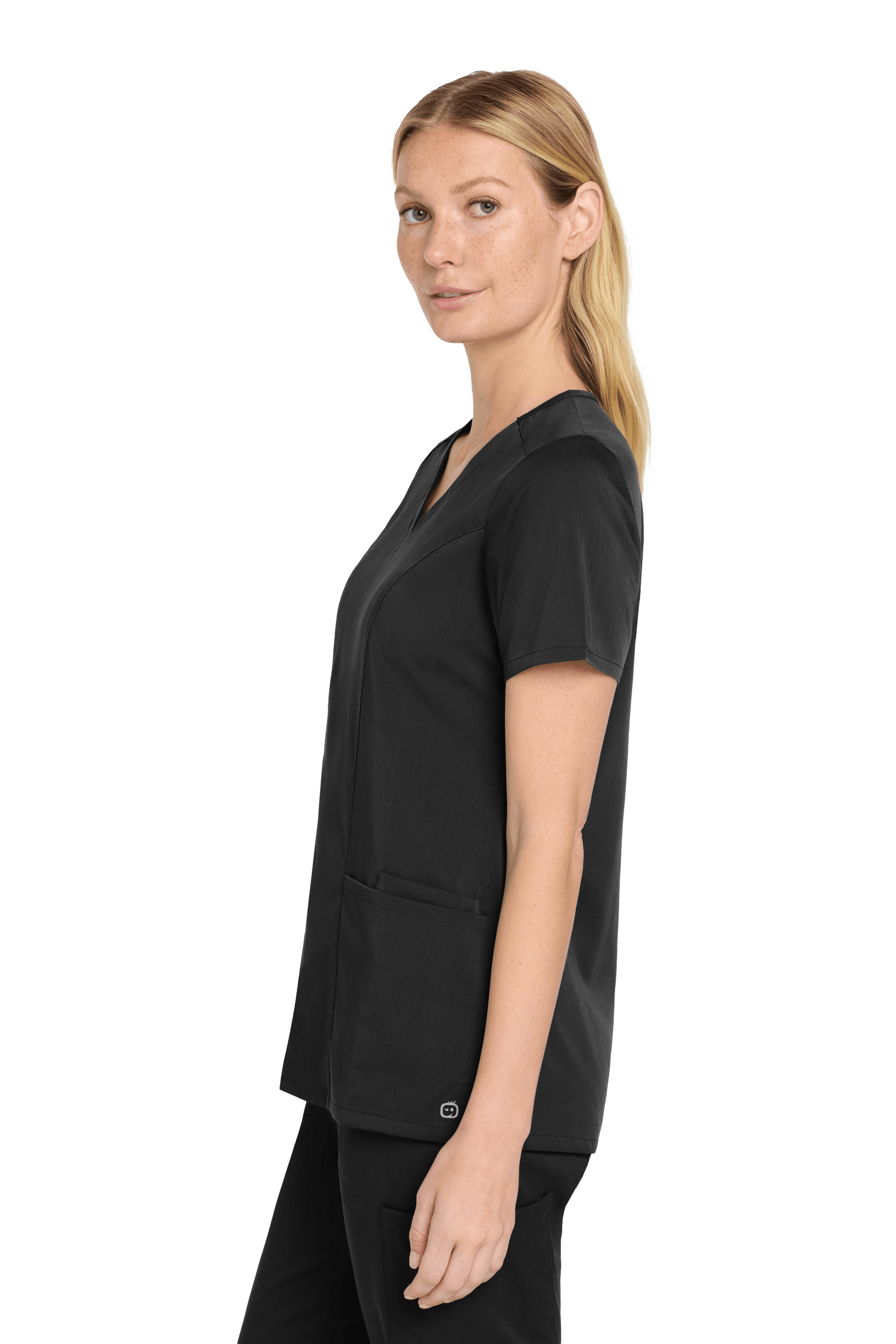 Wink Women’s Premiere Flex V-Neck Scrubs in black, shown from the side, featuring a sleek fit and comfortable stretch fabric.