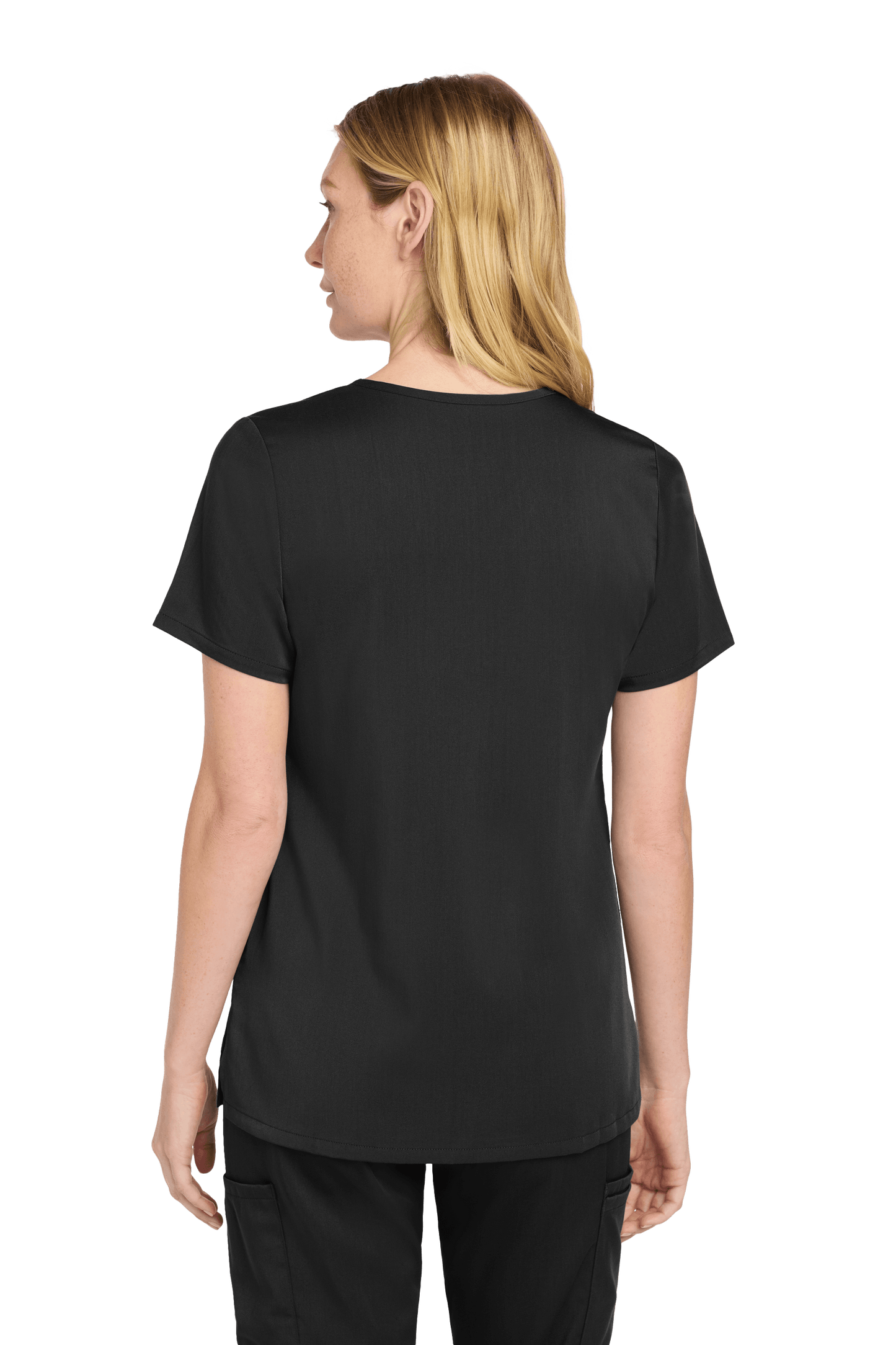 Women’s Wink Premiere Flex V-Neck Scrubs in black, showing back view with printed fabric and comfortable fit.