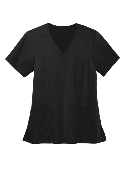 Women’s Wink Premiere Flex V-neck scrub top in black, featuring a stylish print and comfortable fit, front view image.