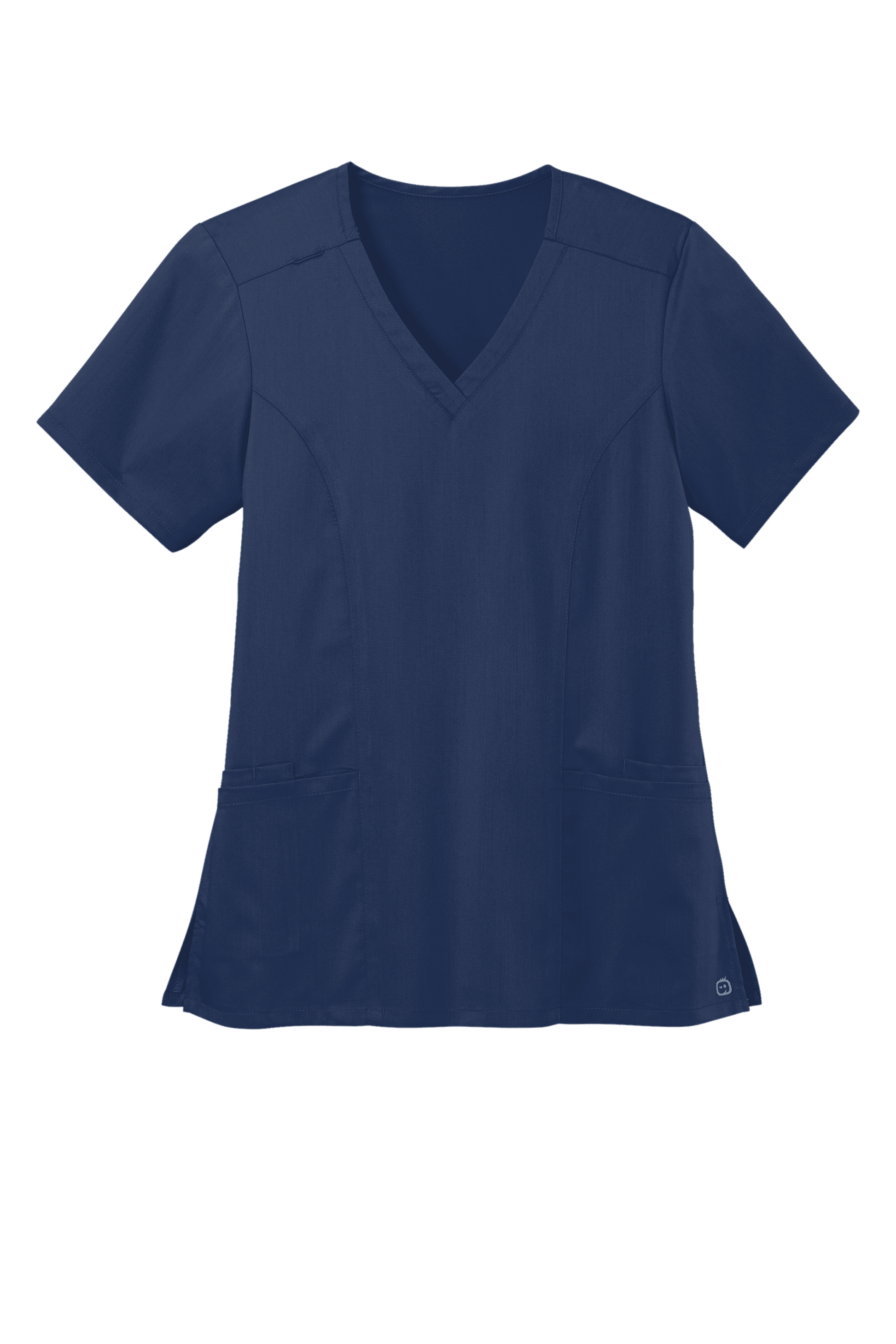 Navy blue women's Premiere Flex V-neck scrub top by Wink with a printed design, showing the front view of the medical uniform.