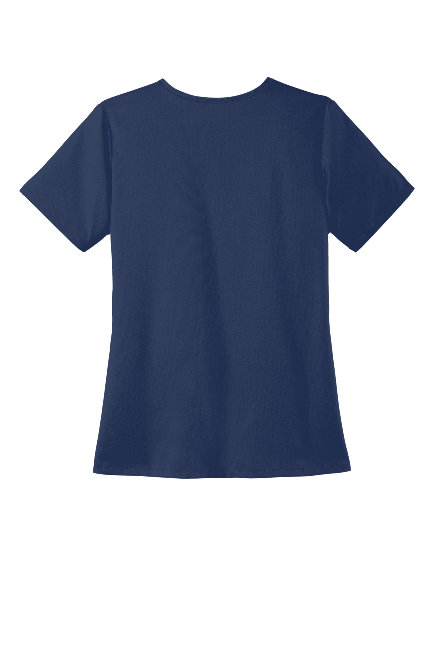 Navy blue women's Premiere Flex V-neck scrub top by Wink with printed design, shown from the back view.