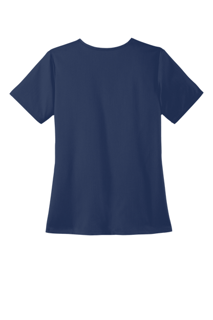 Navy blue women's Premiere Flex V-neck scrub top by Wink with printed design, shown from the back view.