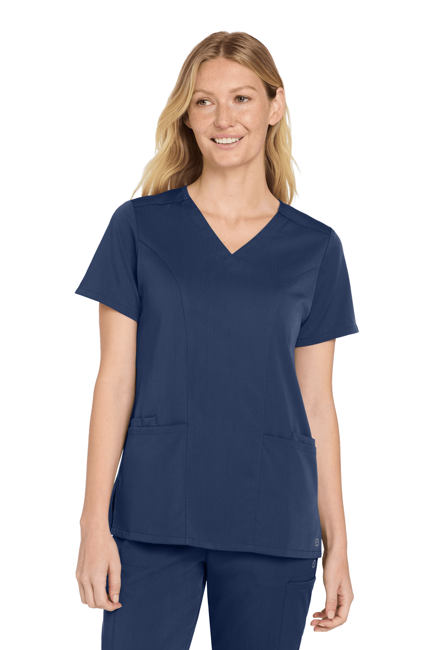 Front view of navy blue women's Premiere Flex V-Neck Scrubs by Wink, featuring a comfortable fit and professional design.