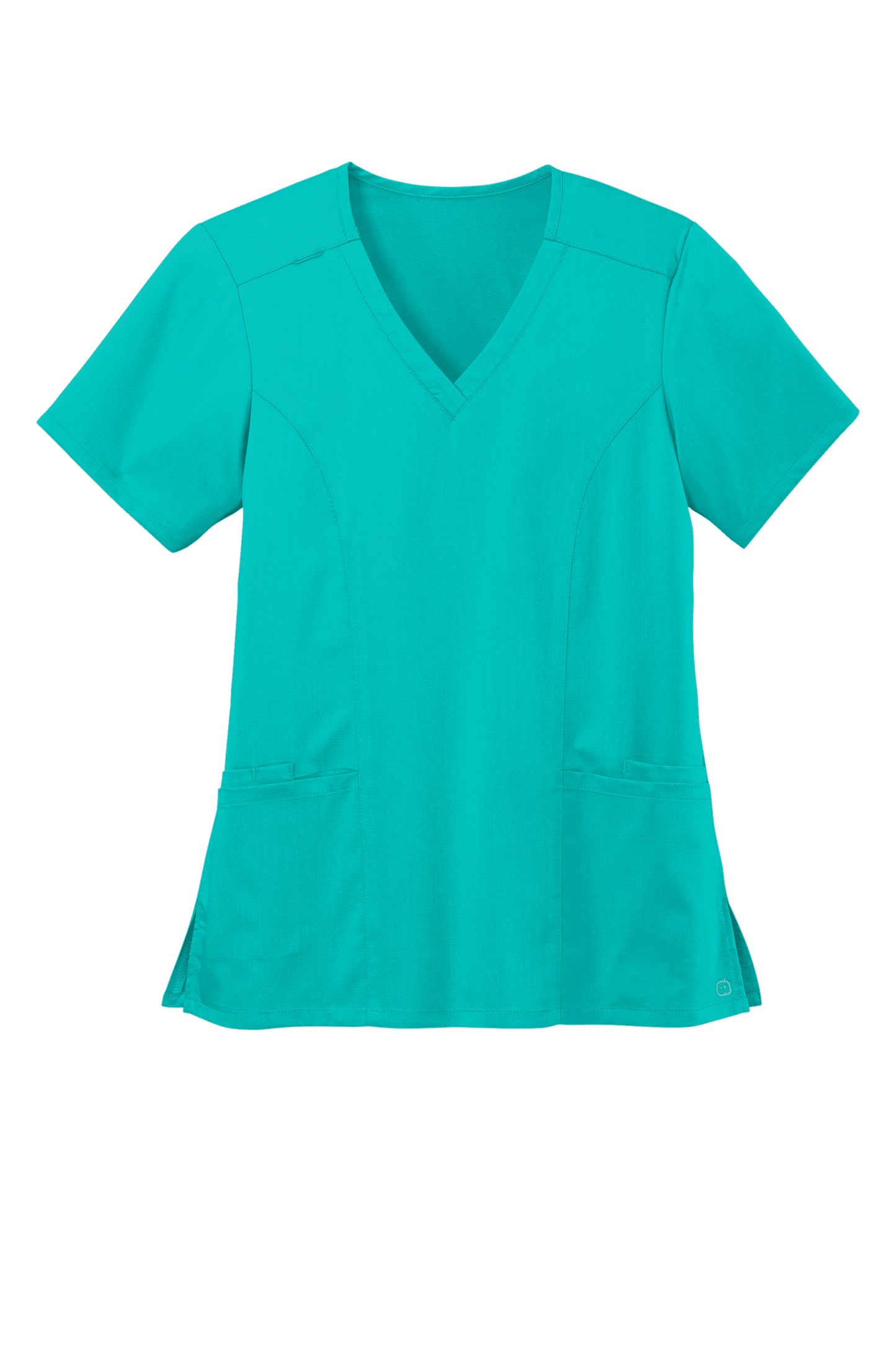 Women’s Wink Premiere Flex V-Neck Scrubs in teal with printed design, showcasing a comfortable, professional medical uniform for women.