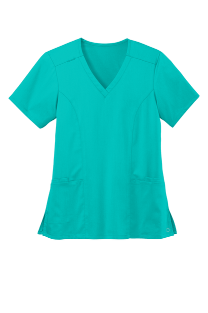 Women’s Wink Premiere Flex V-Neck Scrubs in teal with printed design, showcasing a comfortable, professional medical uniform for women.