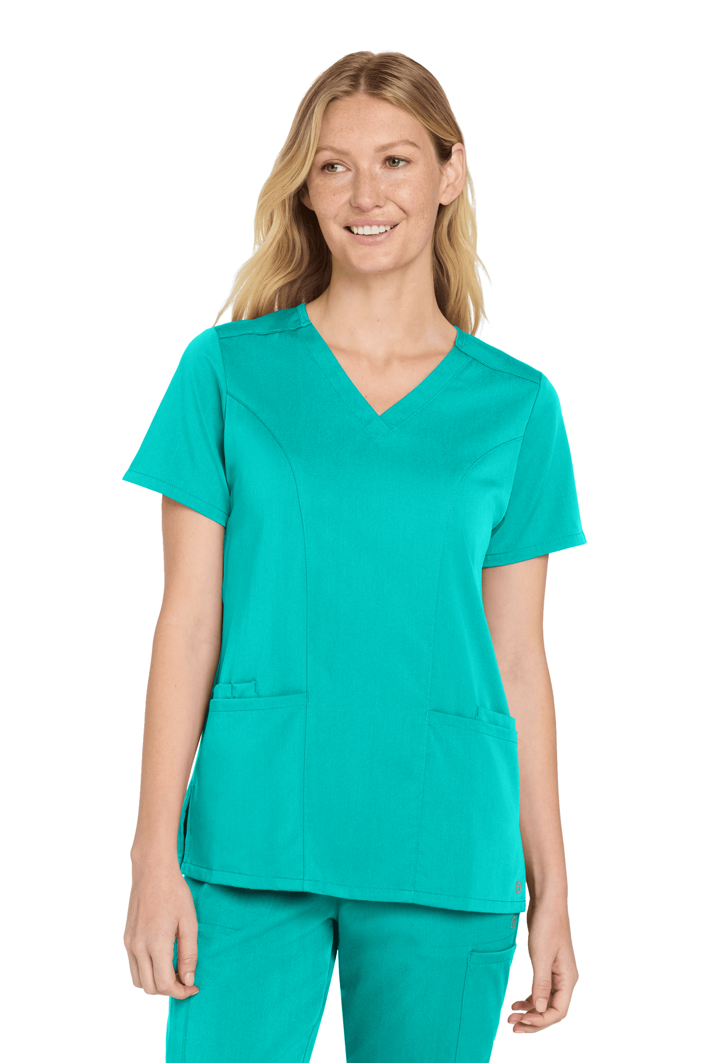Wink women's Premiere Flex V-neck scrub top in teal with print, front view showing comfortable fit and stylish design.