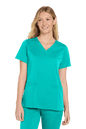 Wink women's Premiere Flex V-neck scrub top in teal with print, front view showing comfortable fit and stylish design.