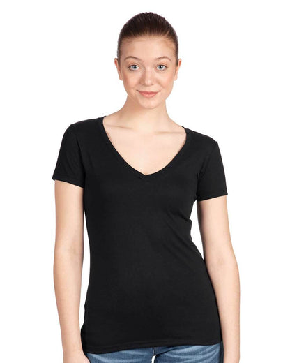 Black women's V-neck T-shirt by Next Level Apparel, shown in a print view with a fitted, casual style.