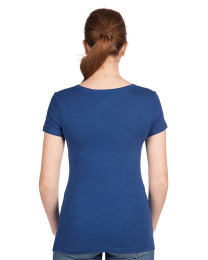 Women’s blue V-neck T-shirt by Next Level Apparel, showcasing a fitted style and soft fabric for casual wear.