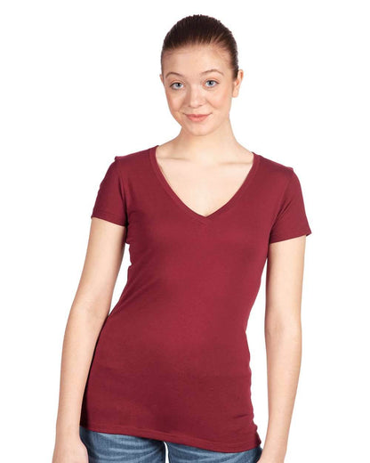 Women’s Next Level Ideal V-Neck T-Shirt in cardinal red, shown in print view, featuring a soft fabric and classic V-neck design.