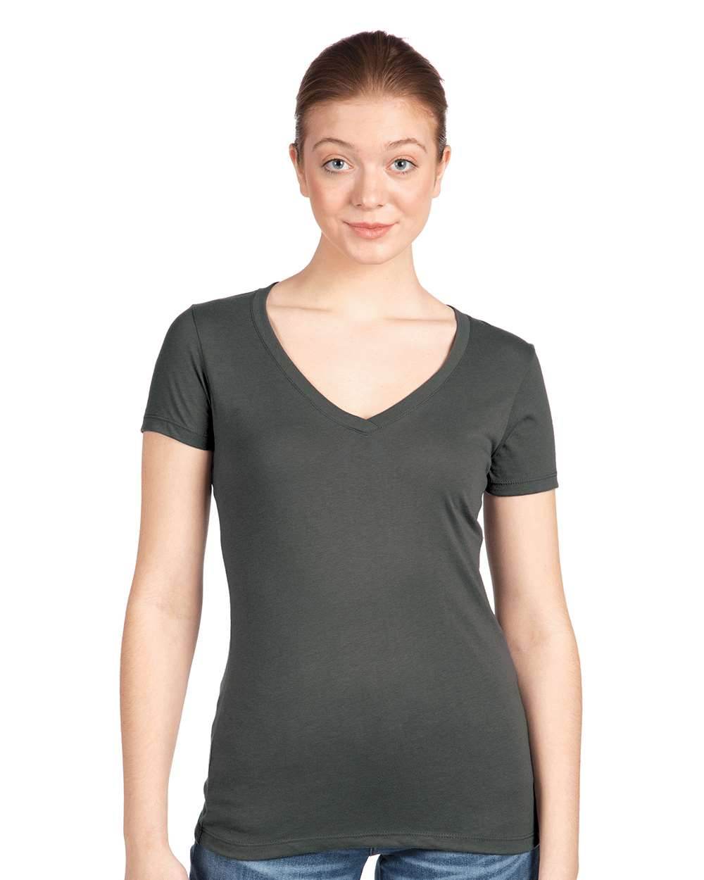 Women's dark grey V-neck T-shirt by Next Level Apparel, soft fabric with a fitted style, shown in print view.