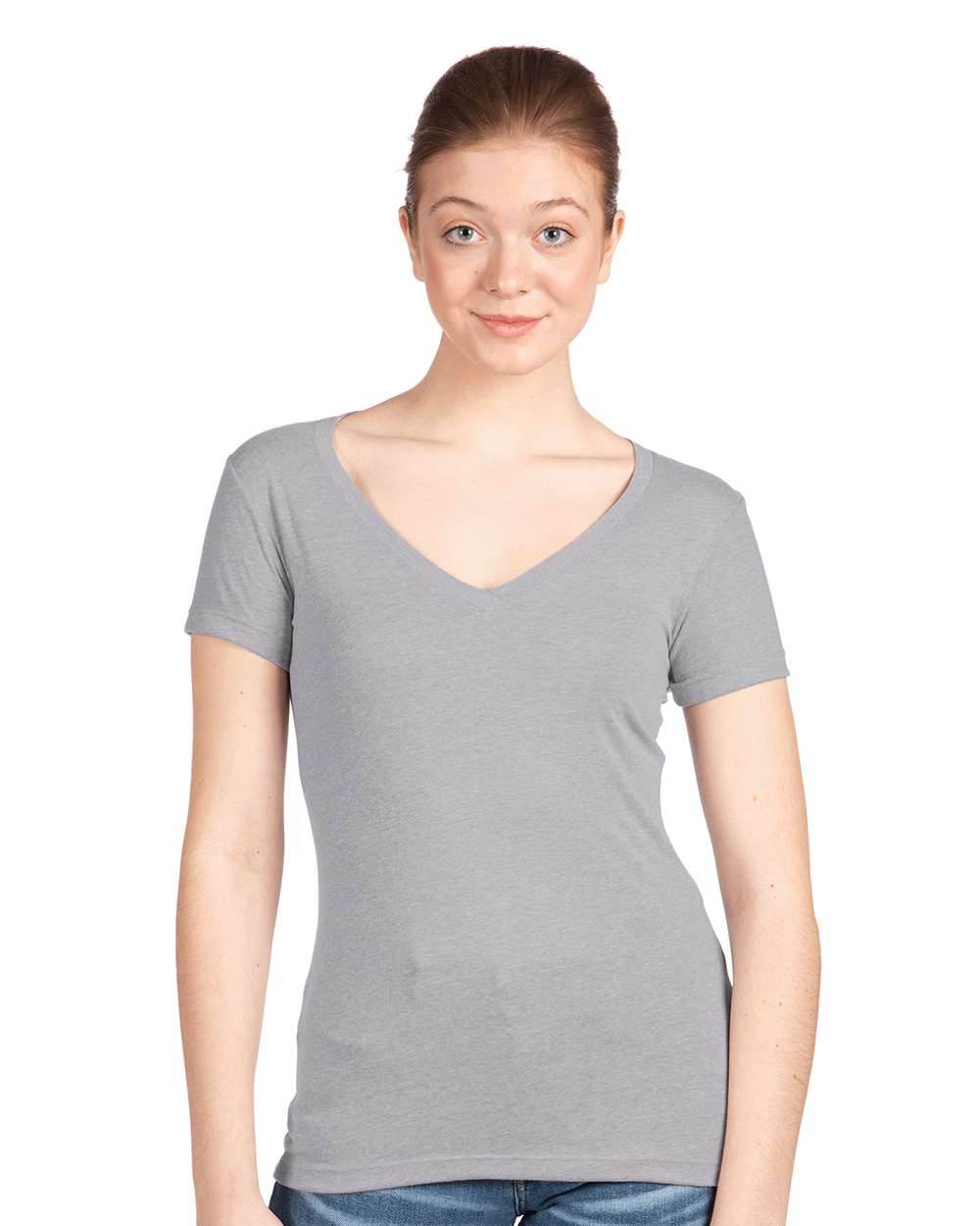 Women’s Heather grey V-neck T-shirt by Next Level Apparel, soft cotton fabric, casual fit, displayed on a model.