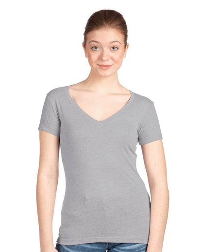 Women’s Heather grey V-neck T-shirt by Next Level Apparel, soft cotton fabric, casual fit, displayed on a model.