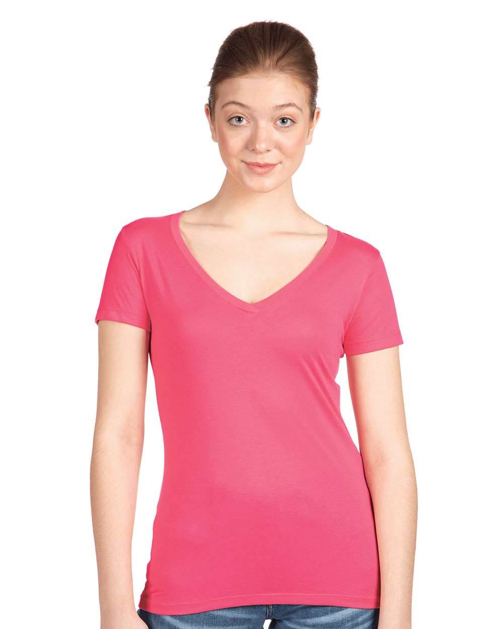 Hot pink women's V-neck T-shirt by Next Level Apparel, casual fit and soft fabric, shown from the front in print view.