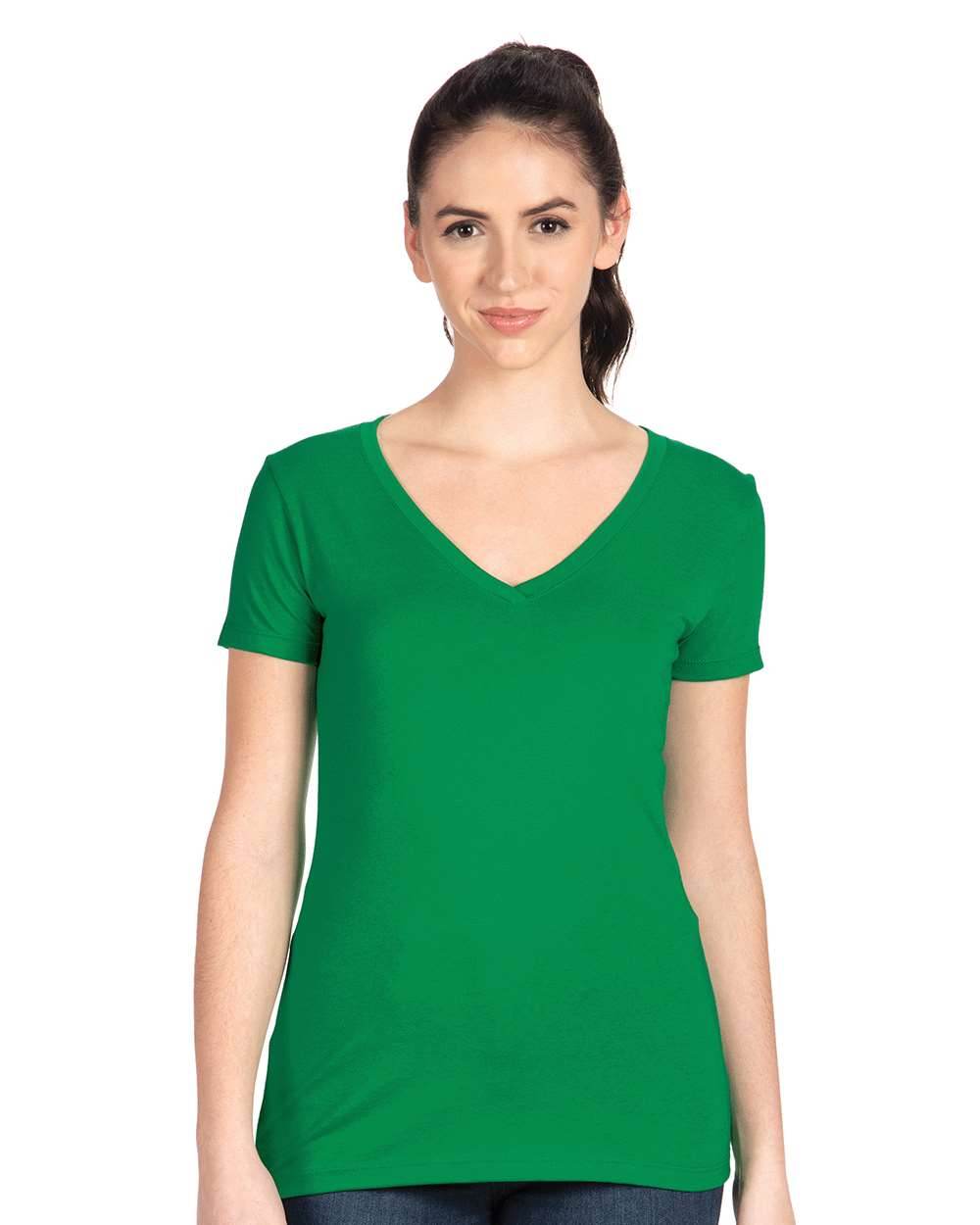 Women’s Kelly green V-neck T-shirt by Next Level Apparel, showcasing a fitted style and smooth fabric.