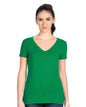 Women’s Kelly green V-neck T-shirt by Next Level Apparel, showcasing a fitted style and smooth fabric.