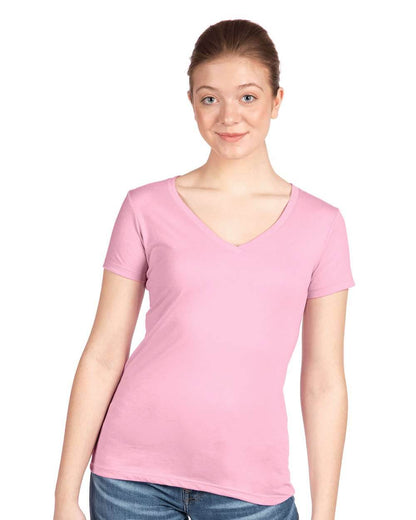 Women’s lilac V-neck T-shirt by Next Level Apparel, casual fit, soft fabric, shown from print view