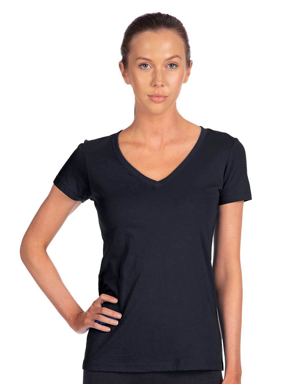 Navy women's V-neck T-shirt by Next Level Apparel, soft fabric, fitted style, and comfortable for casual wear.
