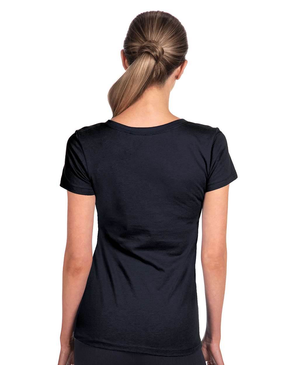 Navy women's V-neck T-shirt from Next Level Apparel, soft fabric, fitted style, shown on a model in a casual setting.