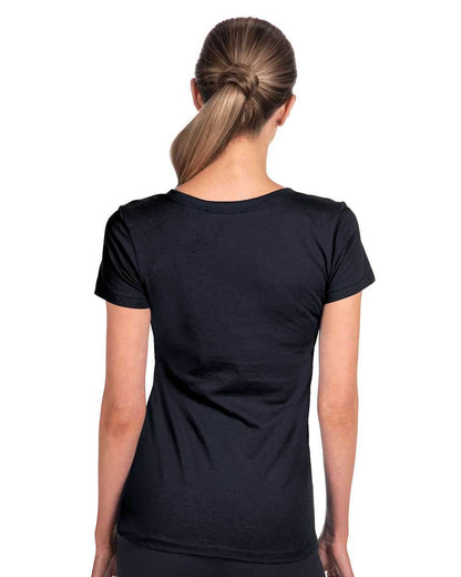 Navy women's V-neck T-shirt from Next Level Apparel, soft fabric, fitted style, shown on a model in a casual setting.