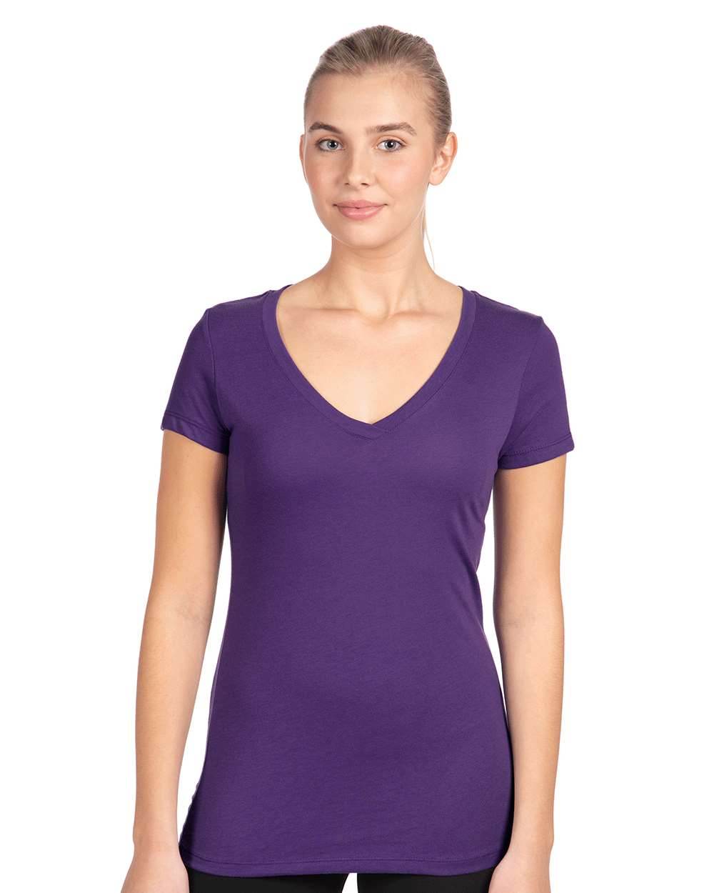 Women’s purple V-neck T-shirt by Next Level Apparel, showcasing a close-up view of the soft, fitted fabric and stylish neckline.