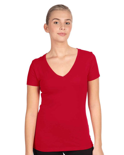Red women's V-neck T-shirt by Next Level Apparel, shown in print view with a comfortable fit and soft fabric.