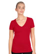 Red women's V-neck T-shirt by Next Level Apparel, shown in print view with a comfortable fit and soft fabric.