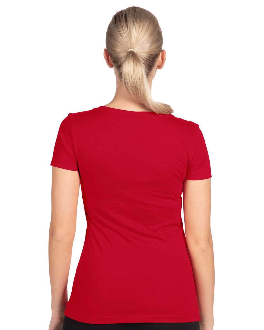 Women’s red V-neck T-shirt by Next Level Apparel, showcasing a fitted style and smooth fabric in a front view image.