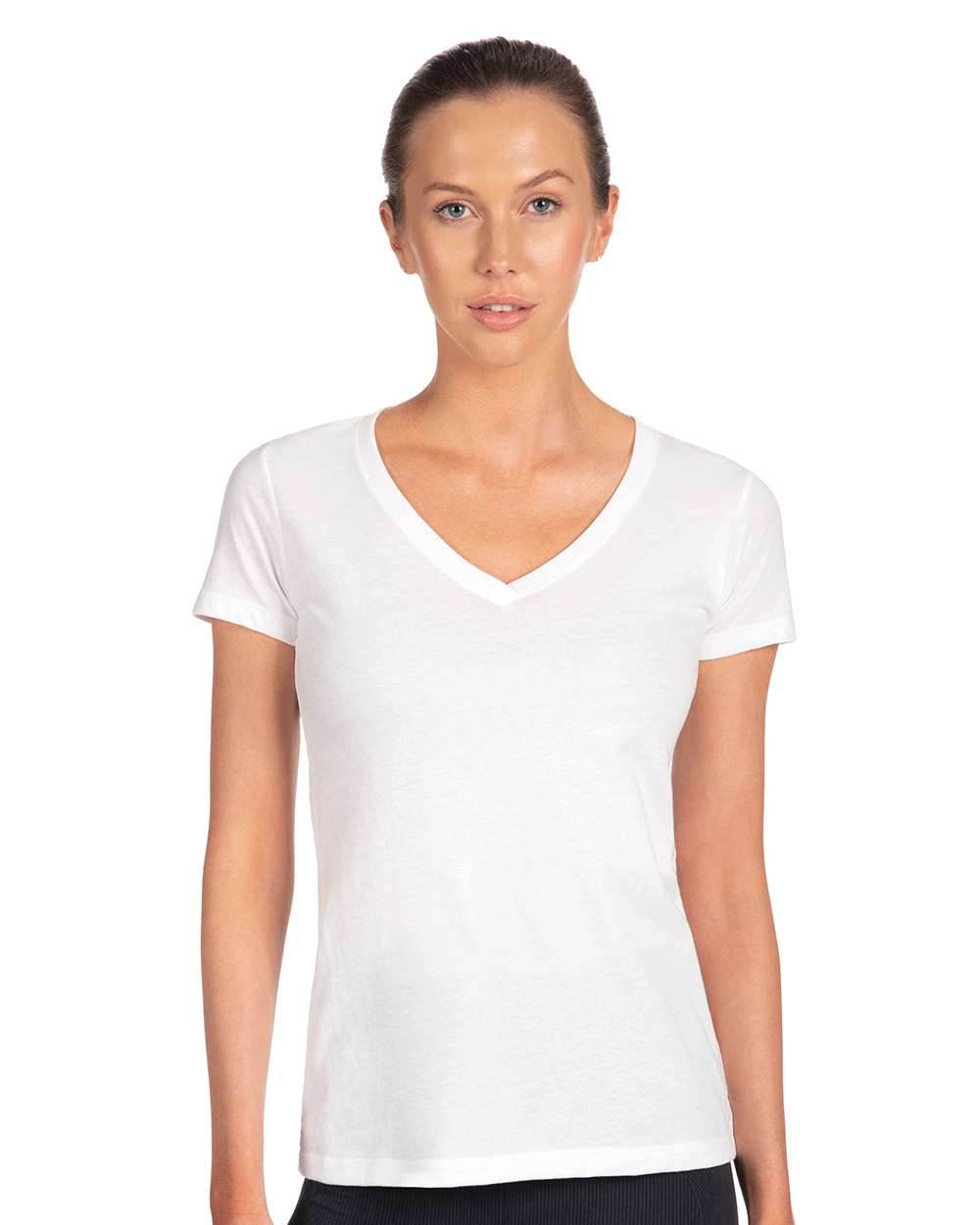 White women's V-neck T-shirt by Next Level Apparel, showcasing a classic fit and smooth fabric in a print view image.