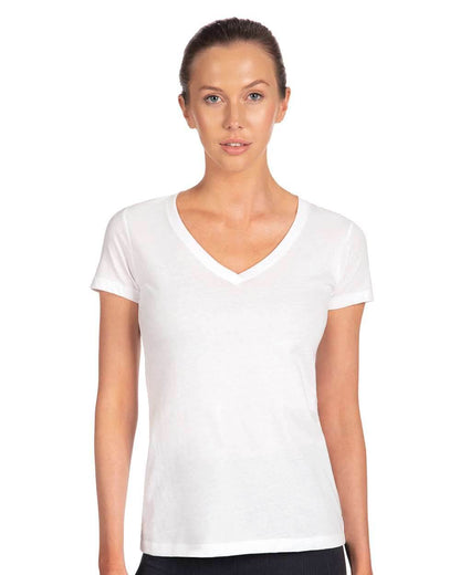 White women's V-neck T-shirt by Next Level Apparel, showcasing a classic fit and smooth fabric in a print view image.
