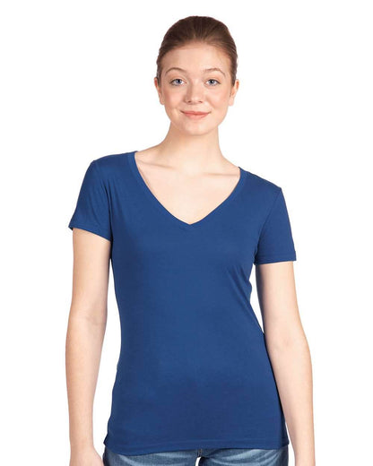 Women’s blue V-neck T-shirt from Next Level Apparel with a printed design, shown from the front on a model.