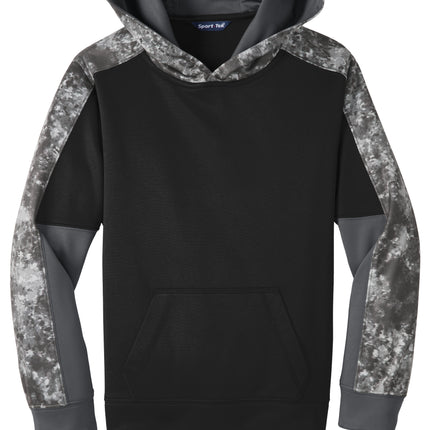 Black front view hoodie with digital camouflage sleeves 