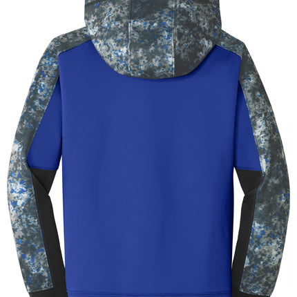 Blue back view hoodie with camouflage sleeve 