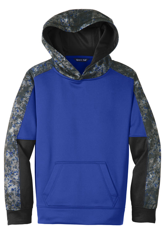 Youth Sport-Tek Sport-Wick Mineral Freeze fleece colorblock hooded pullover in true royal, flat front view.